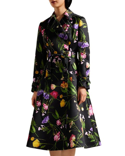 Ted Baker Moiraa Floral Print Trench Coat in Black | Lyst