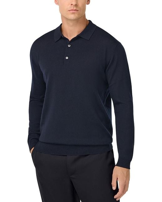 BOGGI Extrafine Merino Wool Long Sleeve Knitted Polo Shirt in Blue