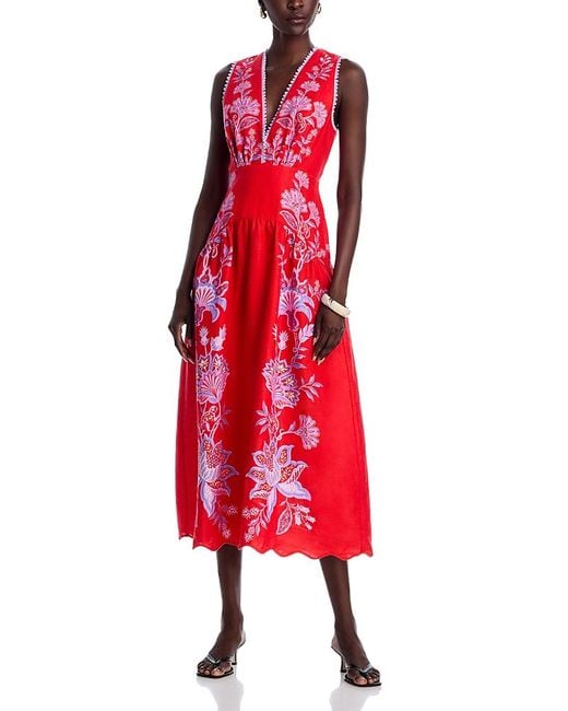 FARM Rio Porcelain Garden Linen Midi Dress in Red | Lyst