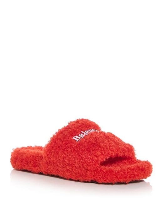Balenciaga Red Shearling Slide Sandals Balenciaga Furry Slipper Red Faux Shearling Logo Flat Mule  main image 3