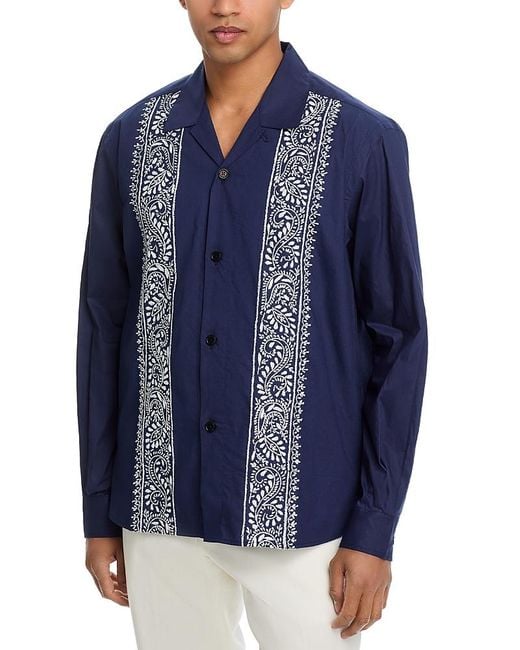 Kardo Blue Ronen Embroidered Long Sleeve Camp Shirt for men