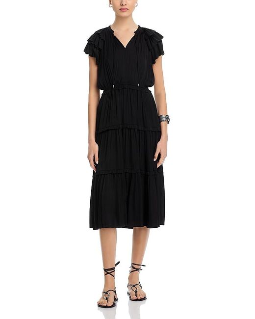 Tahari Black Flutter Sleeve Split Neck Flare Airflow Dress