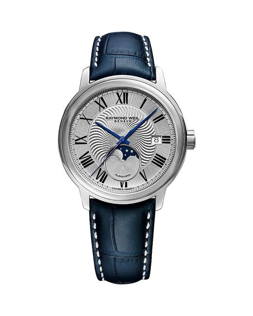 Raymond Weil Men's Blue Maestro Moon Phase Automatic Leather Watch 39.5Mm