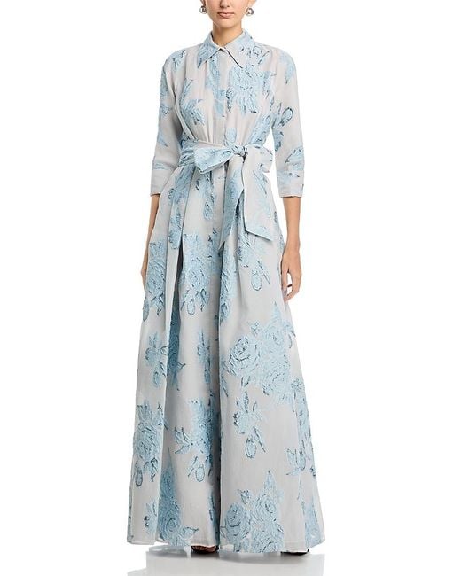 Teri Jon Metallic Jacquard Shirt Dress Gown in Blue | Lyst