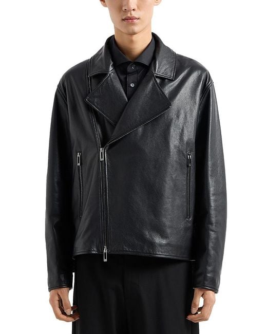 Emporio Armani Asymmetrical Leather Biker Jacket in Black for Men