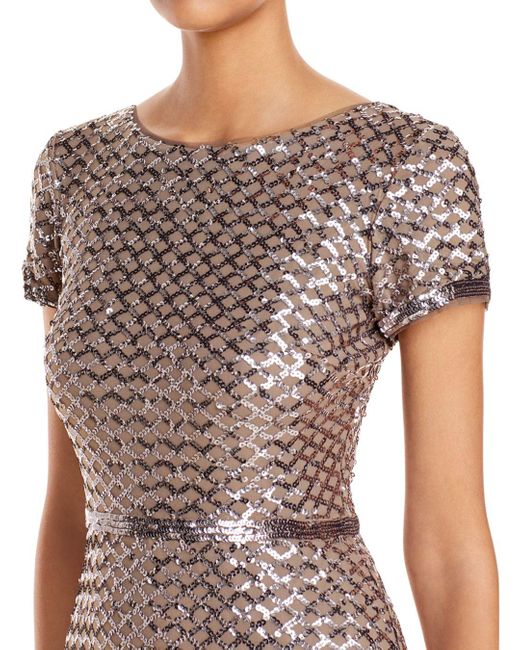 Aqua Belted Sequin Gown in Metallic | Lyst