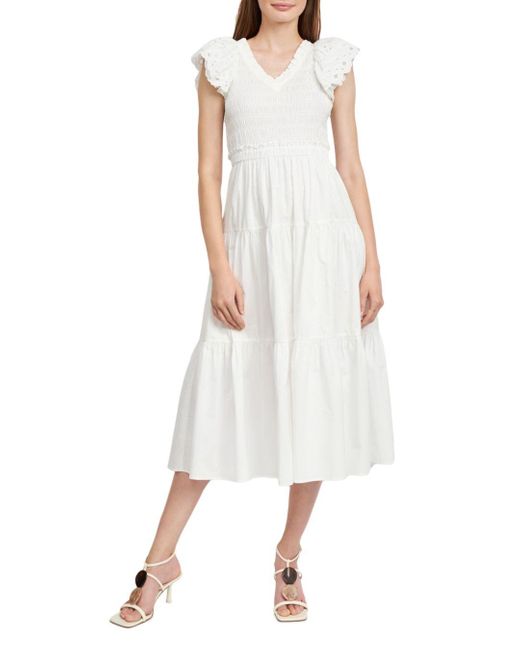 En Saison Eyelet Sleeve Smocked Midi Dress in White | Lyst