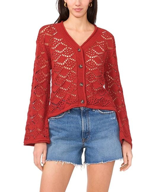 Vince Camuto Red Pointelle V Neck Long Sleeve Cardigan