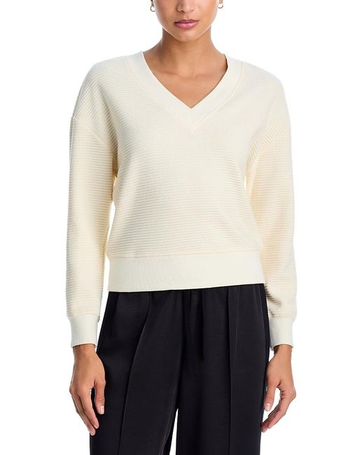Aqua White V Neck Waffle Knit Top