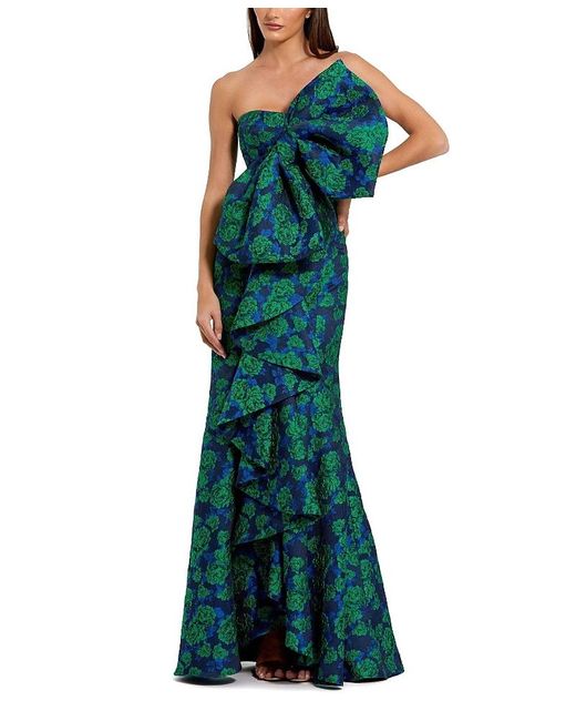 Mac Duggal Green Strapless Brocade Oversized Bow With Ruffle Fitted Gown