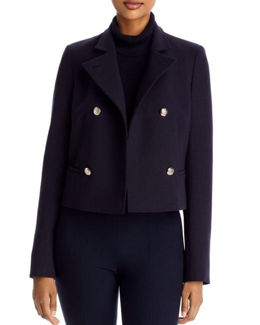 Lafayette 148 New York Wool Cropped Double Breasted Blazer in Navy