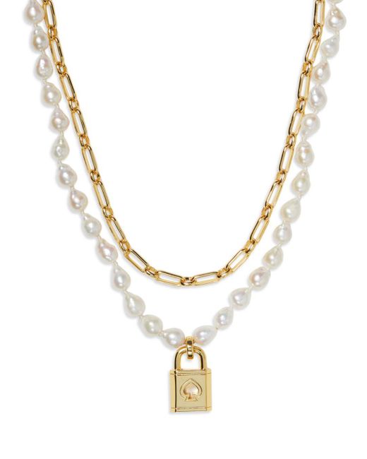 Kate Spade Metallic Lock And Spade Padlock Charm Paperclip Link & Freshwater Pearl Layered Pendant Necklace In Gold Tone