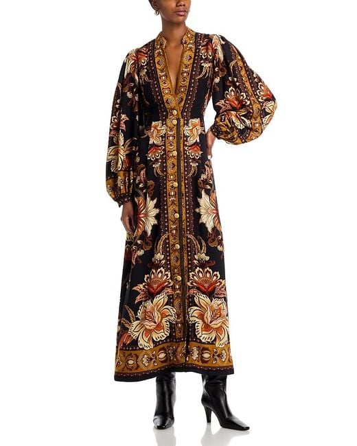 Farm Rio Brown Buttoned Puff Sleeve Maxi Dress