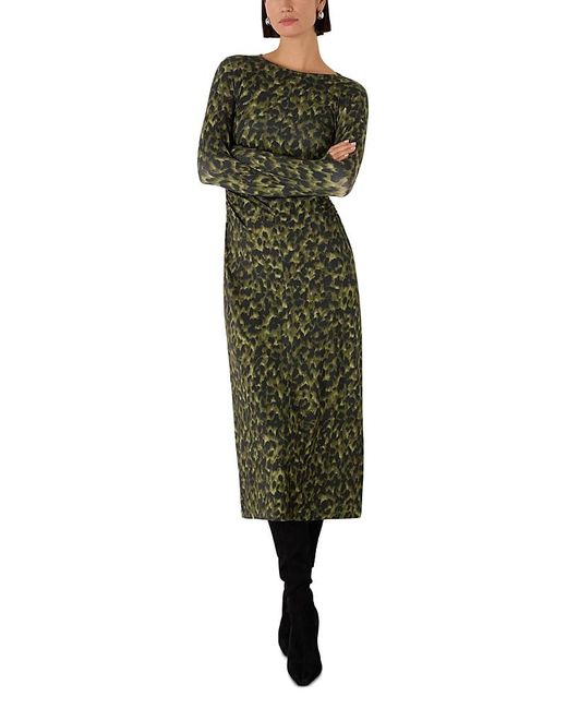 Whistles Women's Green Animal Print Ruched Jersey Dress