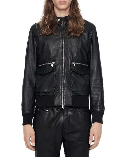 AllSaints Black Hiro Bomber Zip Leather Jacket for men