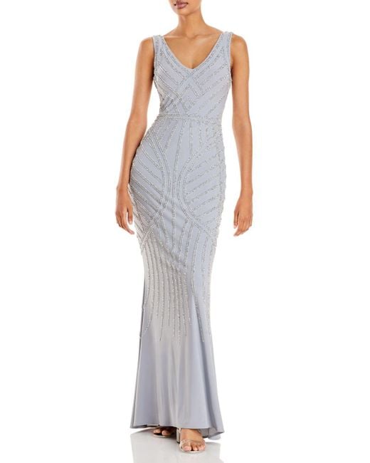Aqua Embellished Column Gown in Metallic Lyst