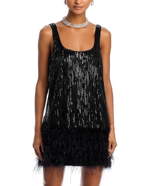 Aqua X Salvo Rizza Ostrich Feather Sequin Mini Dress in Black