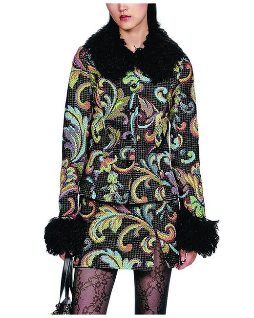 Anna Sui Black Tapestry Faux Fur Jacket