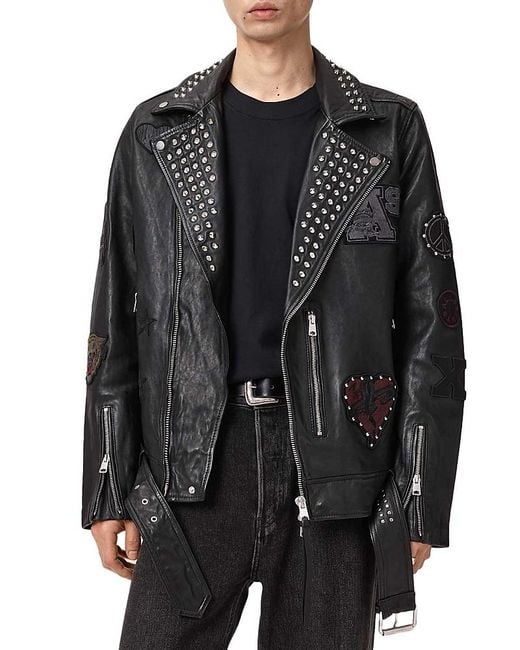 AllSaints Black Cole Studded Leather Biker Jacket for men
