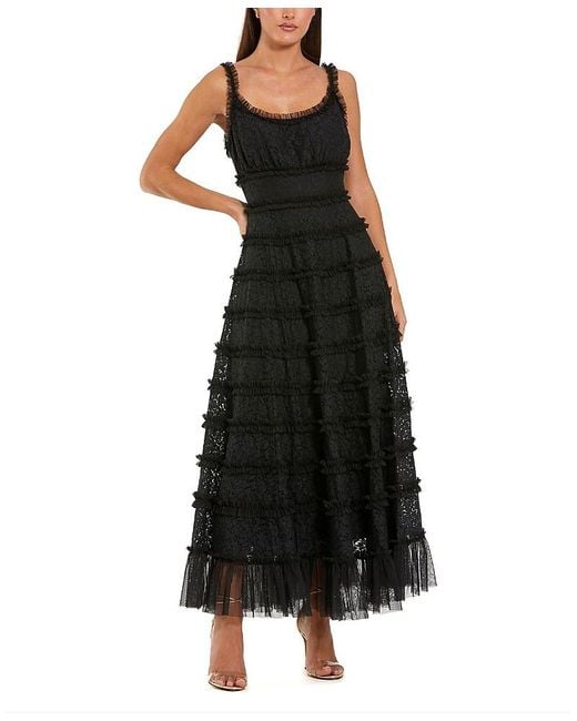 Mac Duggal Black Sleeveless Lace A Line Midi Dress With Ruffles