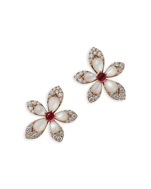Roberto Coin White 18K Tiare Mother Of Pearl, Rubellite, & Diamond Flower Stud Earrings