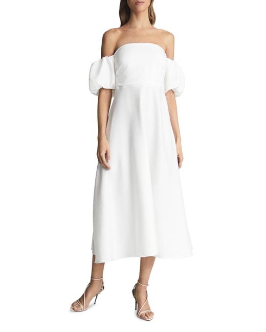 Reiss Linen Shona Puff Sleeve Off - The - Shoulder Dress in White | Lyst