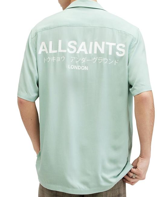 AllSaints Blue Underground Logo Print Relaxed Fit Button Down Camp Shirt for men