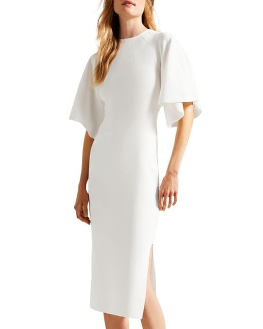 Ted Baker Lounia Fluted Sleeve Bodycon Midi Dress in White | Lyst