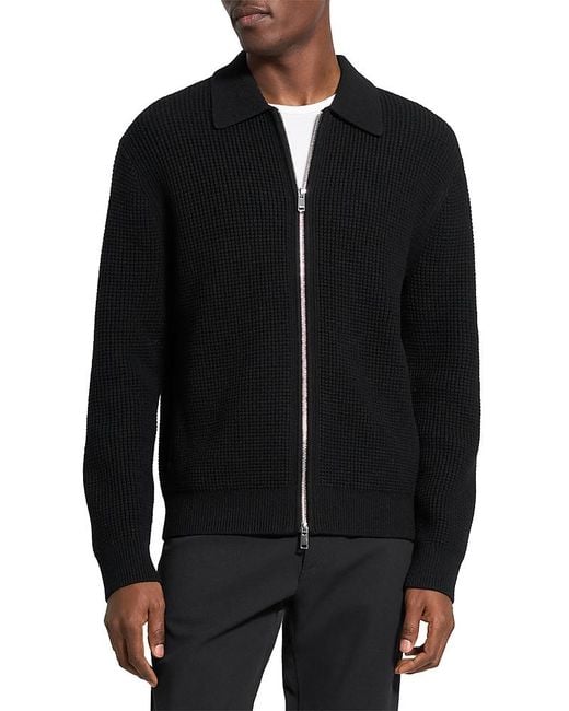 Theory Black Gary Collar Relaxed Fit Full Zipper Sweater for men