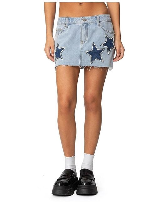 Star Studded Denim Skirt - Washed Blue