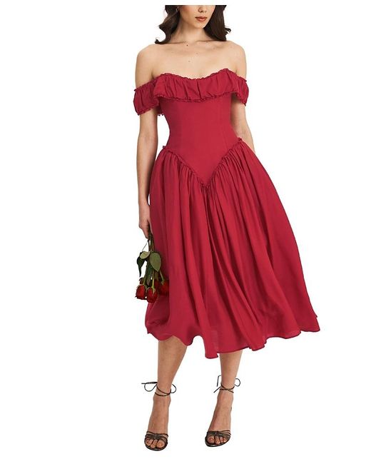 Miss Circle Women's Red Xavy Drop Waist Off-Shoulder Corset Midi Dress -  thefunkyskunk.ie