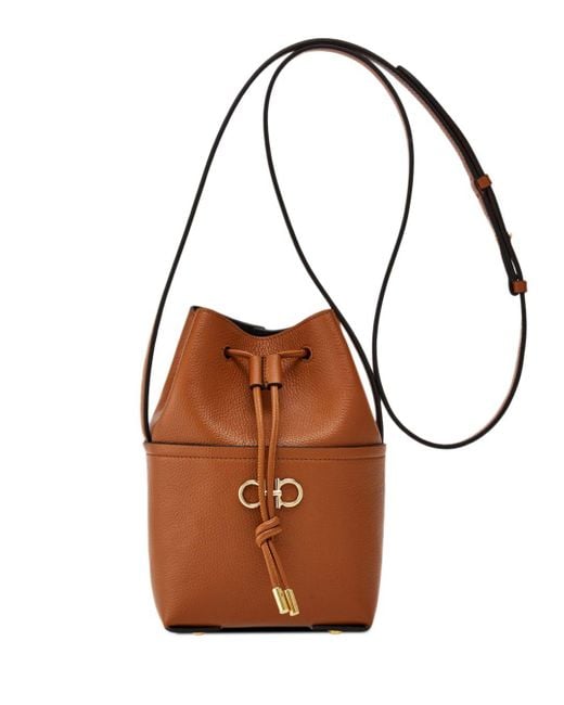 Ferragamo Gancini Mini Leather Bucket Bag in Brown | Lyst