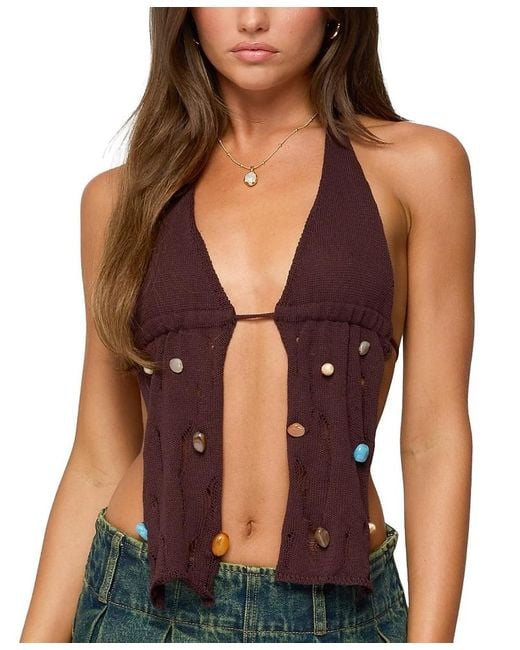 Edikted Brown Beaded Distressed Knit Split Front Top