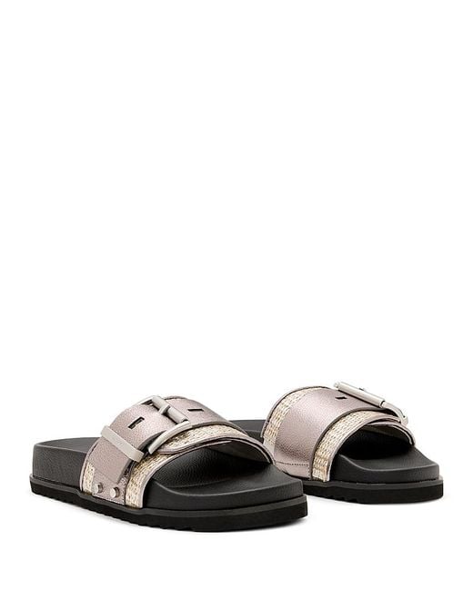AllSaints Ellie Raffia Slider Sandals in Black | Lyst