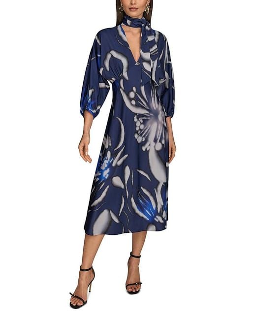 Donna Karan Blue Satin Tie Neck Dress