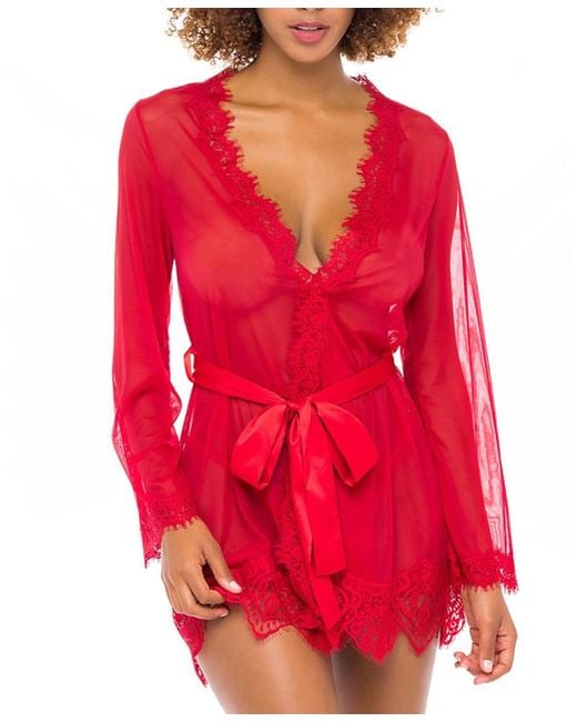 Oh La La Cheri Red Provence Eyelash Lace Robe With Sash And G-String Panty