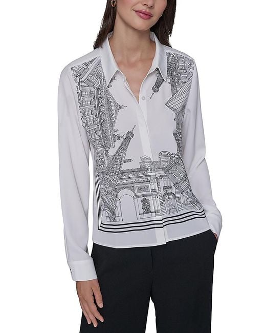 Karl Lagerfeld Gray Placed Print Button Down Blouse
