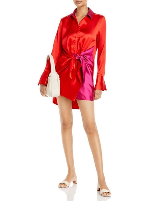 Aqua Synthetic Color Block Tie Wrap Mini Dress in Pink/Red (Red) - Lyst