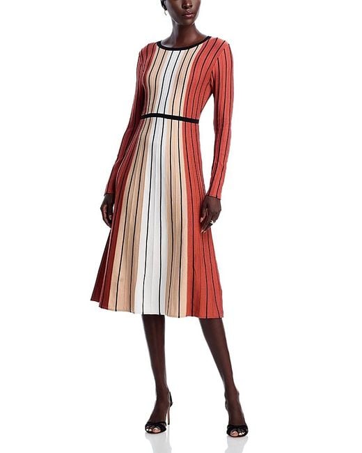 Tahari Red Long Sleeve Round Neck Vertical Color Block Stripe Dress