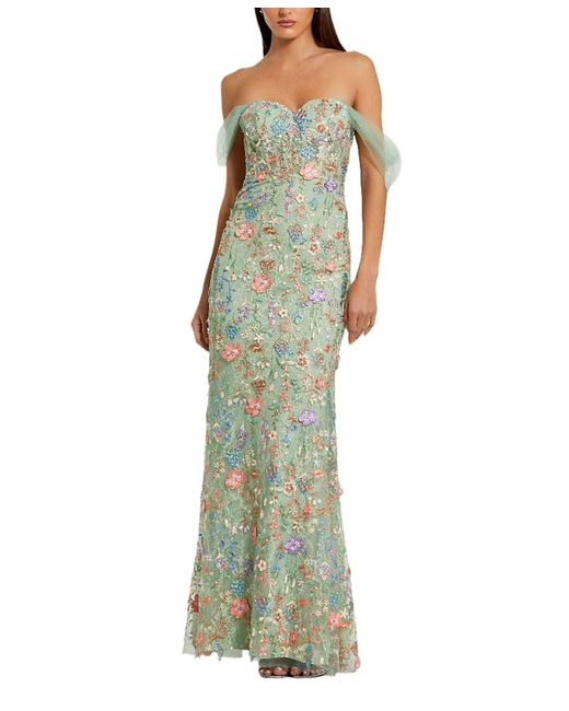Mac Duggal Off The Shoulder Bustier Emboridered Net Gown in Green | Lyst