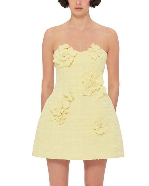 LEO LIN Yellow Rosario Tweed Petal Bustier Mini Dress