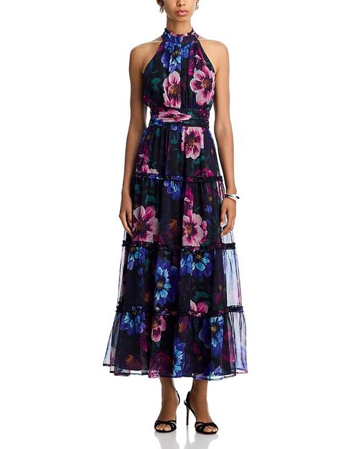 Aqua Blue Floral Halter Guest Of Maxi Dress