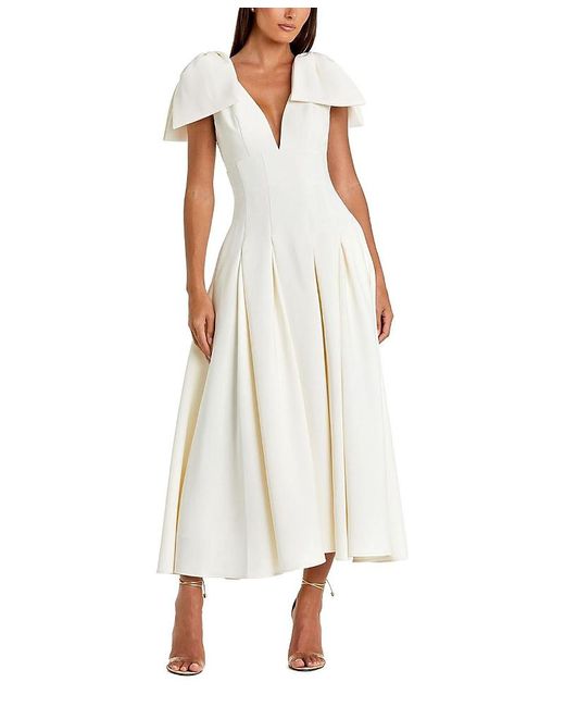 Mac Duggal White Crepe A Line With Bow Straps Midi Dress