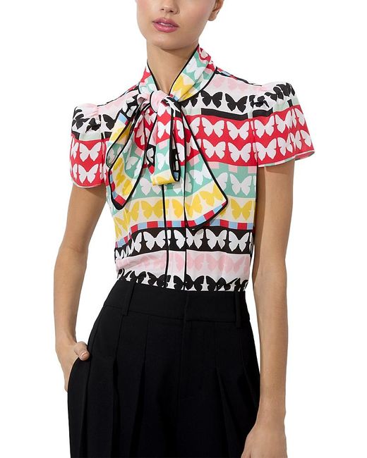 Alice + Olivia Red Jeannie Piped Bow Silk Top