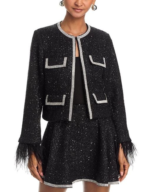 Aqua Black Rhinestone & Feather Tweed Jacket