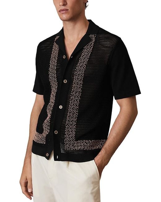 Reiss Black Che Accra Mesh Beaded Camp Shirt for men