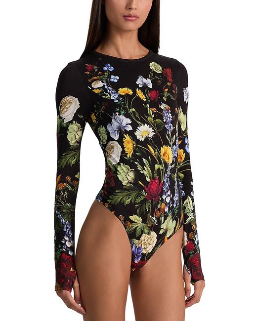Alice + Olivia Black Olea Long Sleeve Crewneck Floral Bodysuit