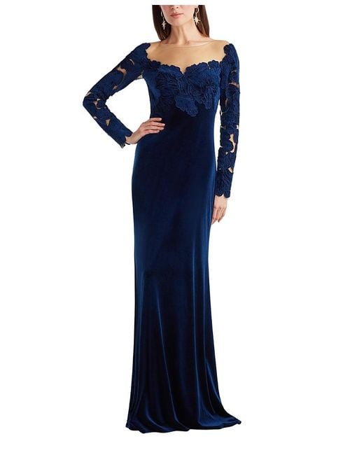 Tadashi Shoji Blue Rhyne Embroidered Velvet Gown