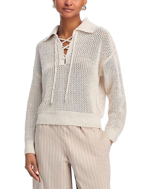 Aqua White Sequin Open Stitch Lace Up Sweater