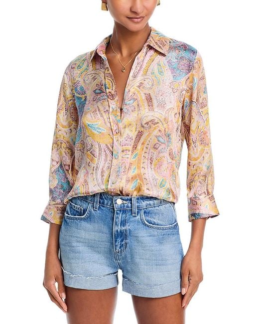 L'Agence Blue Dani Silk Printed 3/4 Sleeve Blouse